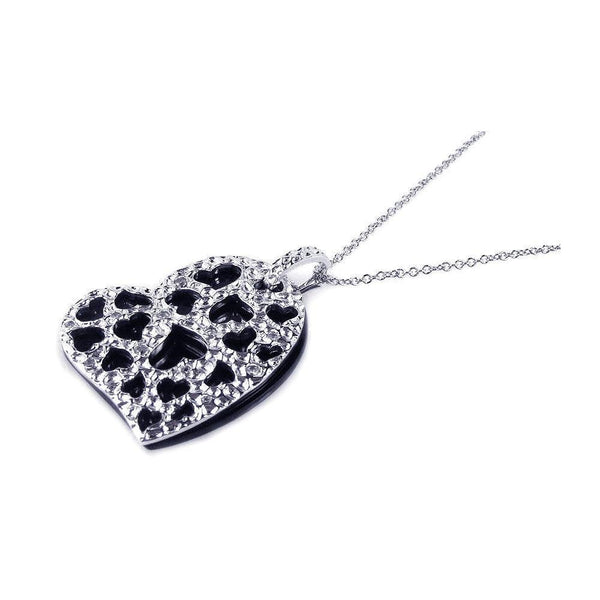 Silver 925 Black Onyx Rhodium Plated Heart Pendant Necklace - BGP00165 | Silver Palace Inc.