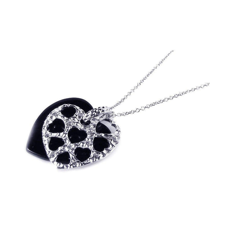 Silver 925 Black Onyx Rhodium Plated Heart Pendant Necklace - BGP00166 | Silver Palace Inc.