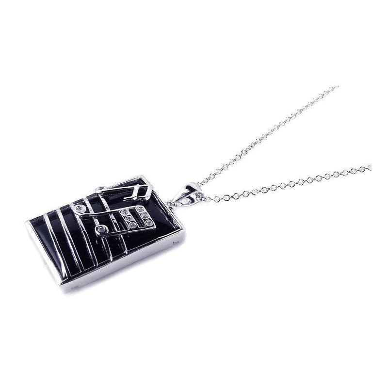 Closeout-Silver 925 Rhodium Plated Square Music Note Black Onyx CZ Dangling Necklace - BGP00167 | Silver Palace Inc.
