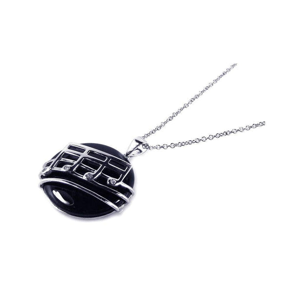 Closeout-Silver 925 Rhodium Plated Black Onyx Round Music Note Dangling Necklace - BGP00168 | Silver Palace Inc.