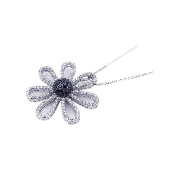 Closeout-Silver 925 Black and Rhodium Plated Flower CZ Necklace - BGP00173 | Silver Palace Inc.