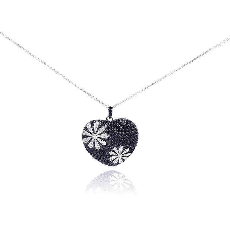 Closeout-Silver 925 Black and Rhodium Plated Flower Design Black Heart CZ Necklace - BGP00175 | Silver Palace Inc.
