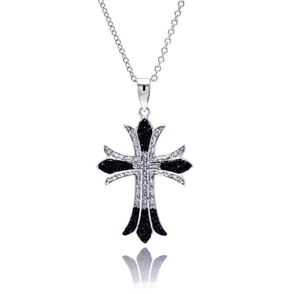 Closeout-Silver 925 Black and Rhodium Plated Cross CZ Necklace - BGP00179 | Silver Palace Inc.