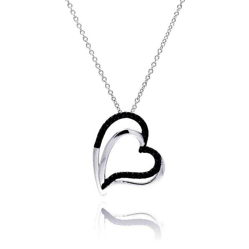 Silver 925 Black Rhodium and Rhodium Plated Double Black Heart CZ Necklace - BGP00181 | Silver Palace Inc.