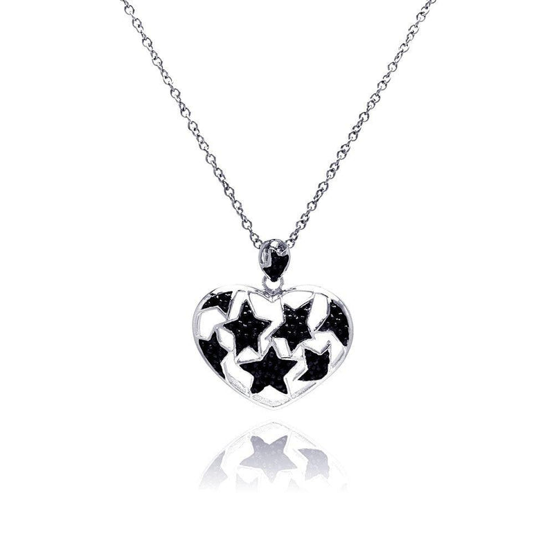 Silver 925 Black Rhodium and Rhodium Plated Star Heart CZ Necklace - BGP00183 | Silver Palace Inc.