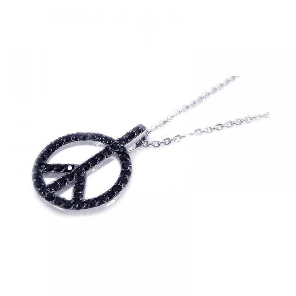 Silver 925 Rhodium Open Black Peace Sign CZ Necklace - BGP00192 | Silver Palace Inc.