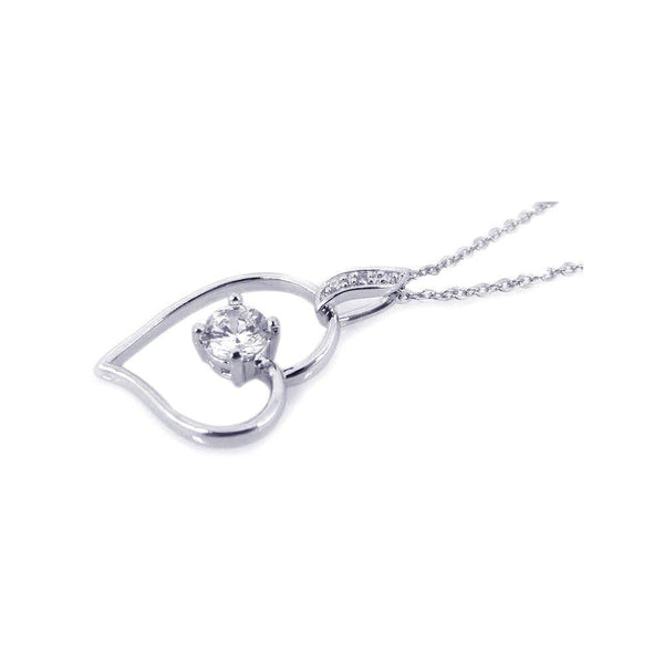 Silver 925 Rhodium Open Heart Small Center Clear CZ Necklace - BGP00194 | Silver Palace Inc.