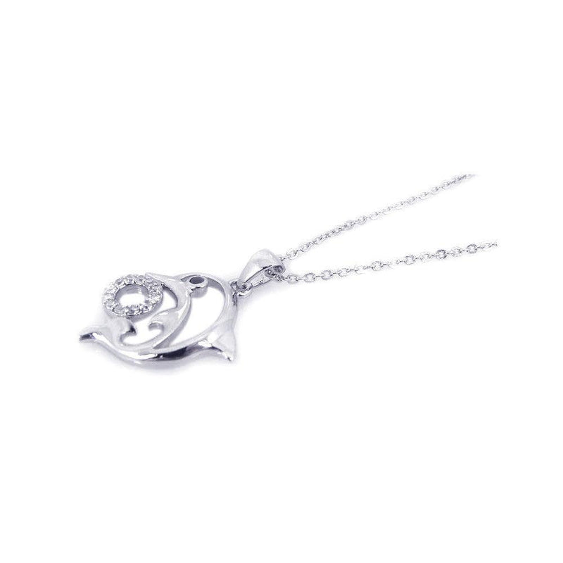 Silver 925 Rhodium Open Dolphin CZ Necklace - BGP00196 | Silver Palace Inc.