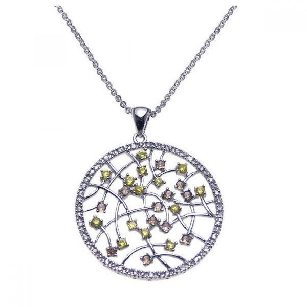 Silver 925 Rhodium Open Circle Filigree Small Yellow and Clear CZ Necklace - BGP00201 | Silver Palace Inc.