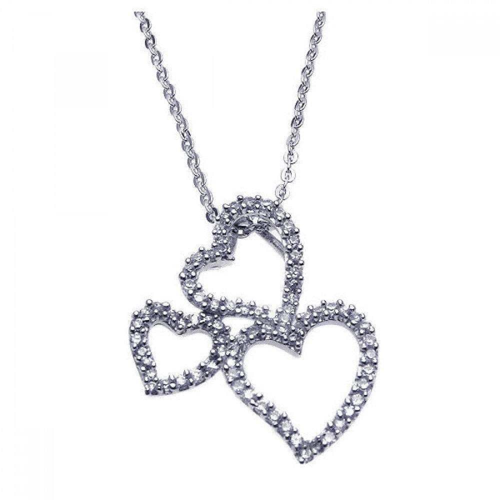 Closeout-Silver 925 Rhodium Multiple Graduated Open Heart CZ Necklace - BGP00210 | Silver Palace Inc.