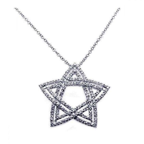 Closeout-Silver 925 Rhodium Double Open Star CZ Necklace - BGP00214 | Silver Palace Inc.