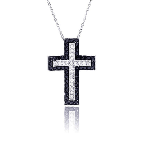 Closeout-Silver 925 Rhodium Black and Clear Cross CZ Necklace - BGP00215 | Silver Palace Inc.