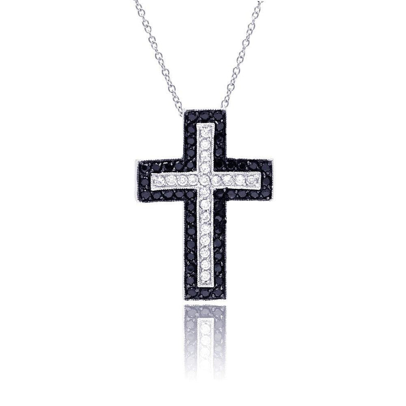 Closeout-Silver 925 Rhodium Black and Clear Cross CZ Necklace - BGP00215 | Silver Palace Inc.
