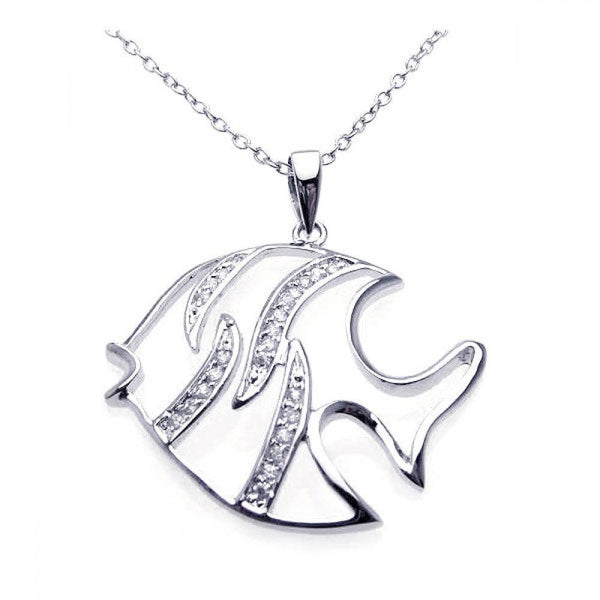 Closeout-Silver 925 Rhodium CZ White Enamel Fish Necklace - BGP00217 | Silver Palace Inc.