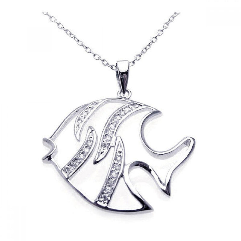 Closeout-Silver 925 Rhodium CZ White Enamel Fish Necklace - BGP00217 | Silver Palace Inc.