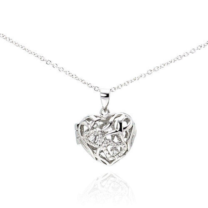 Silver 925 Rhodium Heart Locket CZ Necklace - BGP00225 | Silver Palace Inc.