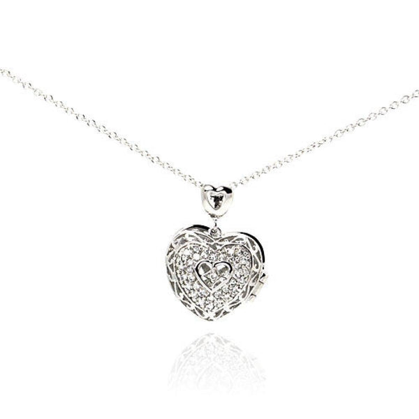 Silver 925 Rhodium Plated Heart CZ Necklace - BGP00229 | Silver Palace Inc.