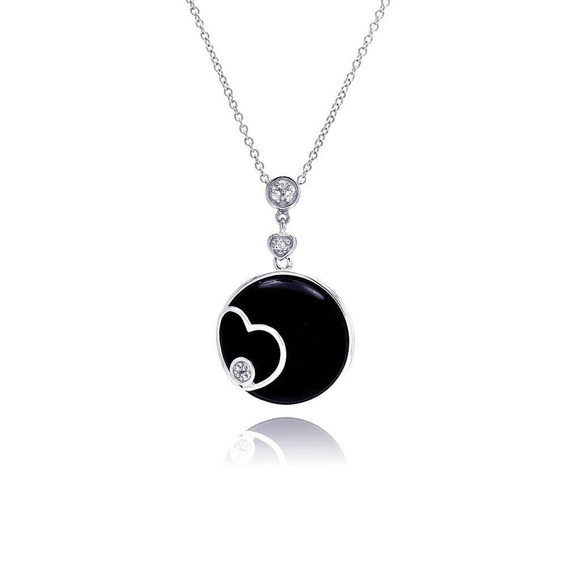 Closeout-Silver 925 Rhodium Black Round Onyx Heart Outline CZ Necklace - BGP00230 | Silver Palace Inc.