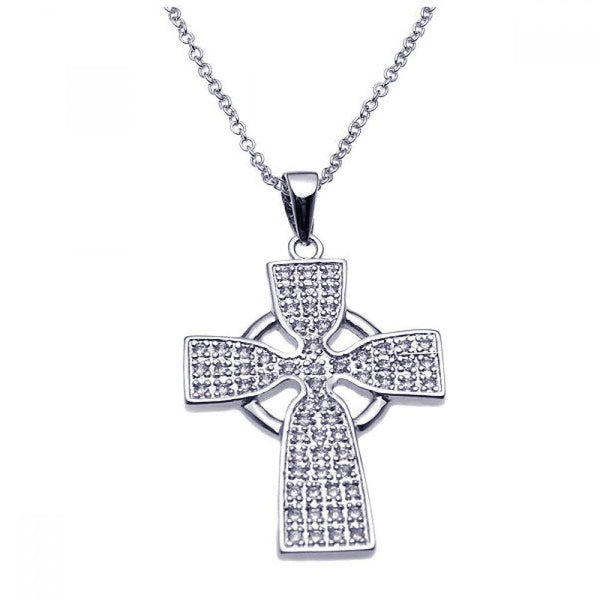 Silver 925 Rhodium Plated Celtic Cross CZ Necklace - BGP00232 | Silver Palace Inc.