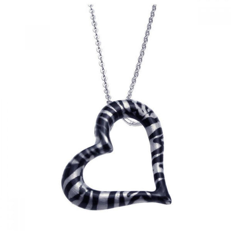 Closeout-Silver 925 Rhodium Plated Open Zebra Print Heart CZ Necklace - BGP00239 | Silver Palace Inc.