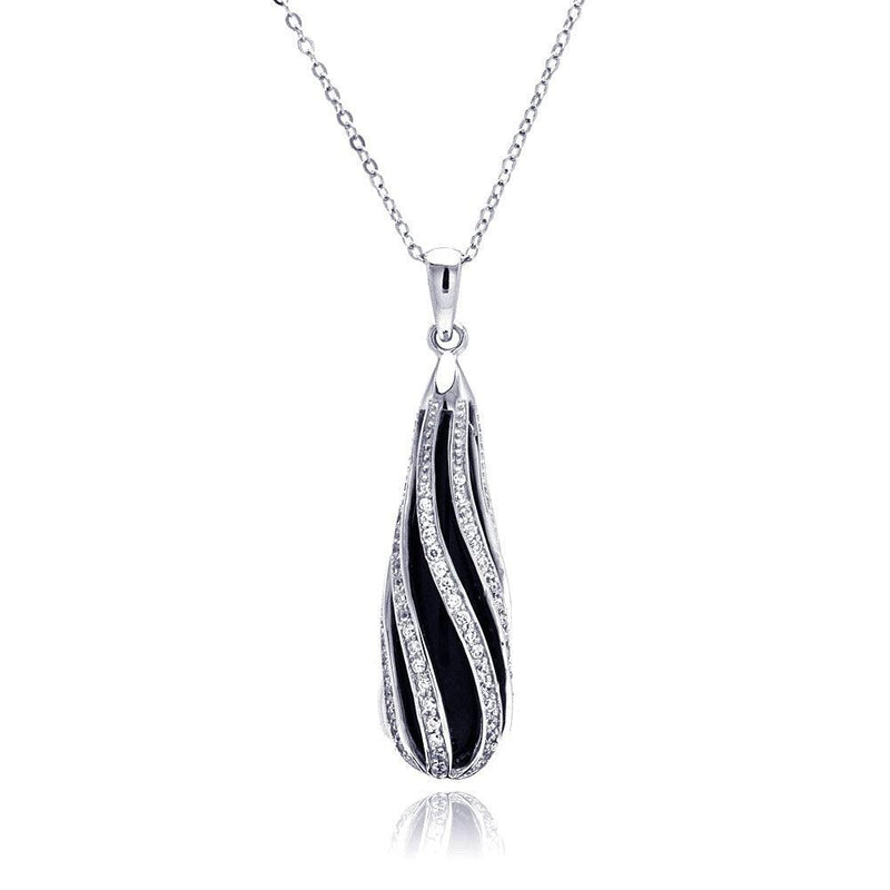 Closeout-Silver 925 Rhodium Teardrop Black Onyx Striped Curved CZ Necklace - BGP00242 | Silver Palace Inc.
