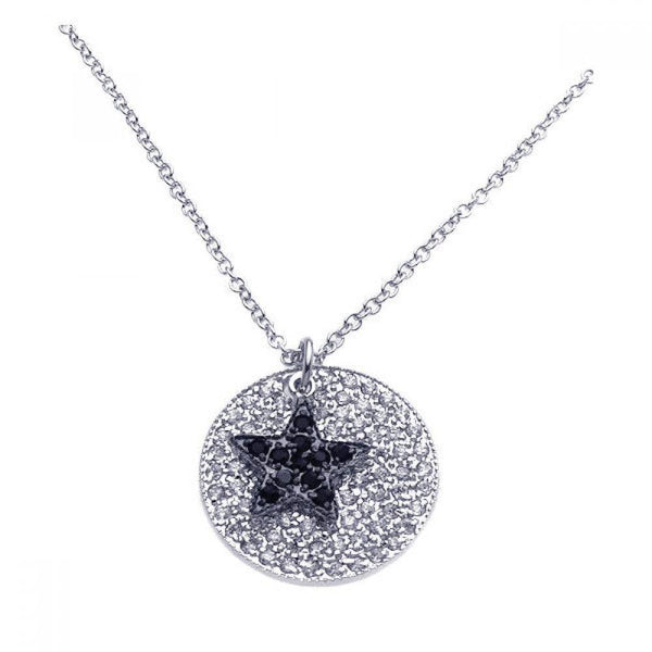 Silver 925 Rhodium Plated Circle Filigree Black Star CZ Necklace - BGP00244 | Silver Palace Inc.