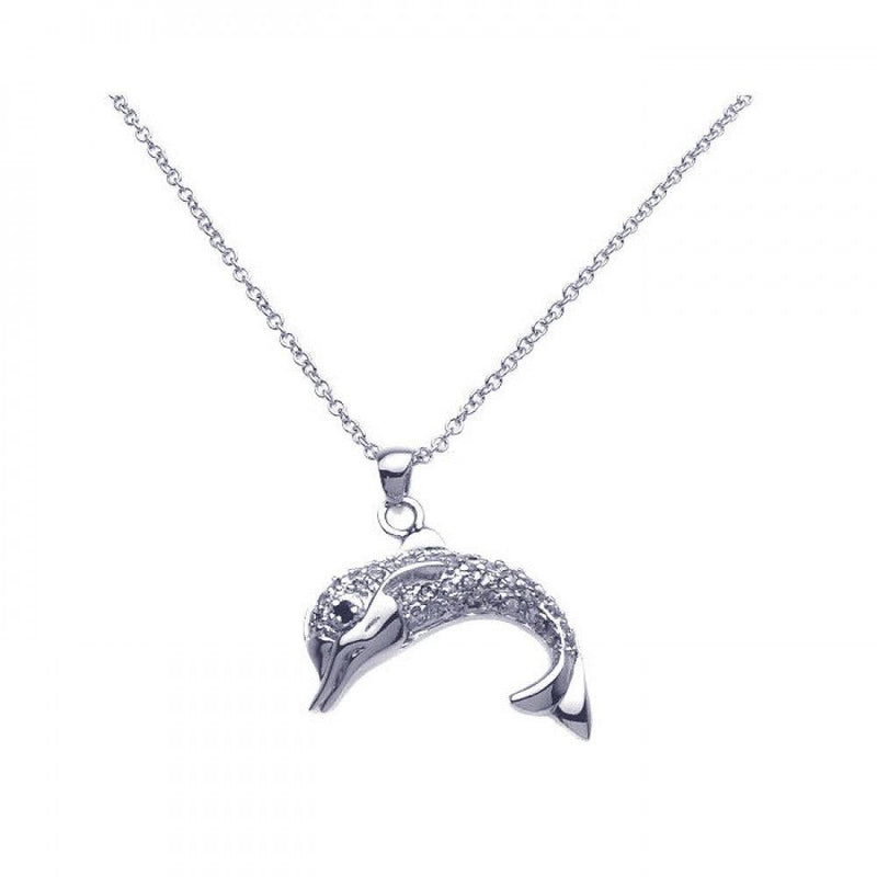Silver 925 Rhodium Clear Dolphin CZ Dangling Necklace - BGP00249 | Silver Palace Inc.