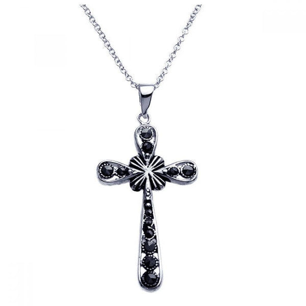 Closeout-Silver 925 Black Rhodium Plated Cross CZ Dangling Necklace - BGP00251 | Silver Palace Inc.