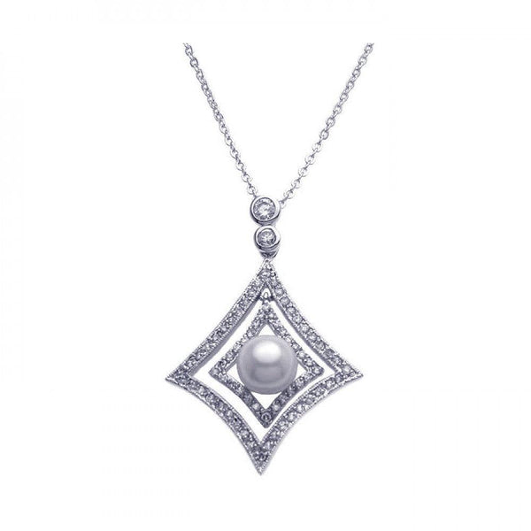 Closeout-Silver 925 Rhodium Plated Open Square CZ Center Pearl Necklace - BGP00254 | Silver Palace Inc.