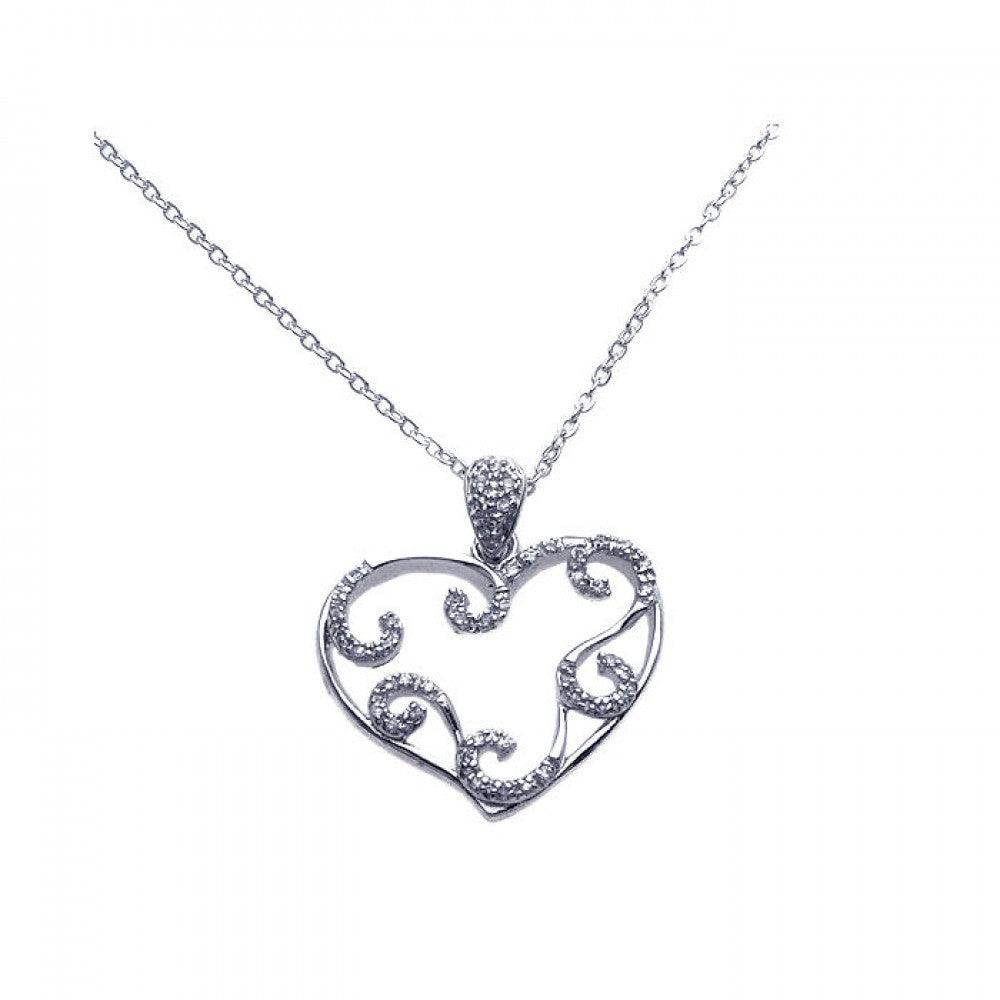 Silver 925 Rhodium Plated Open Heart Filigree CZ Necklace - BGP00255 | Silver Palace Inc.