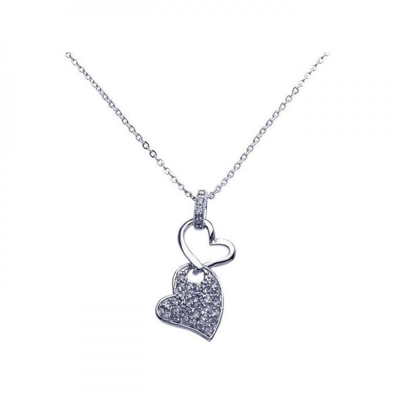 Silver 925 Rhodium Plated Double Dangling Heart Clear CZ Pave Pendant Necklace - BGP00257 | Silver Palace Inc.