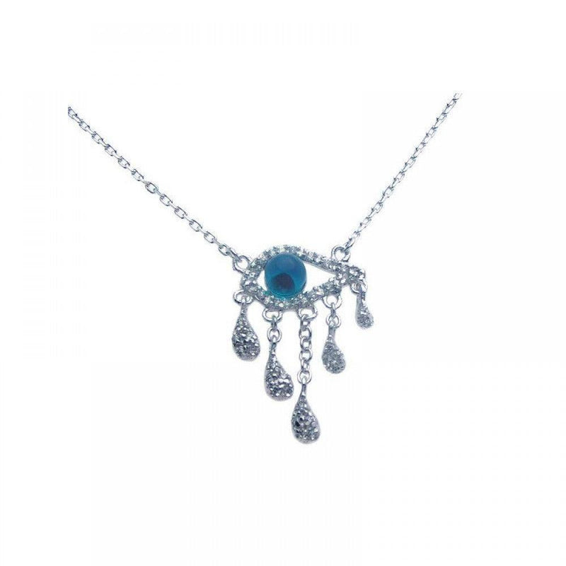 Silver 925 Rhodium Plated Blue Eye CZ Multiple Strand Teardrop Dangling Necklace - BGP00266 | Silver Palace Inc.