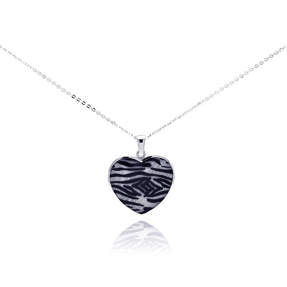 Closeout-Silver 925 Rhodium Plated Zebra Print Heart CZ Necklace - BGP00282 | Silver Palace Inc.