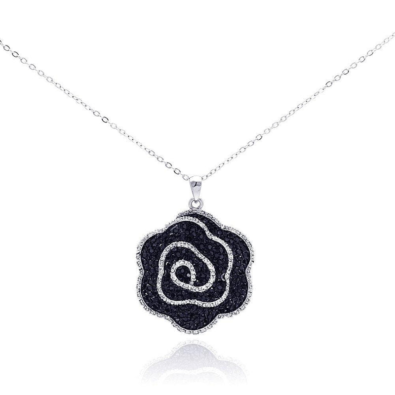 Closeout-Silver 925 Rhodium Plated Black and Clear CZ Covered Flower Necklace - BGP00286 | Silver Palace Inc.