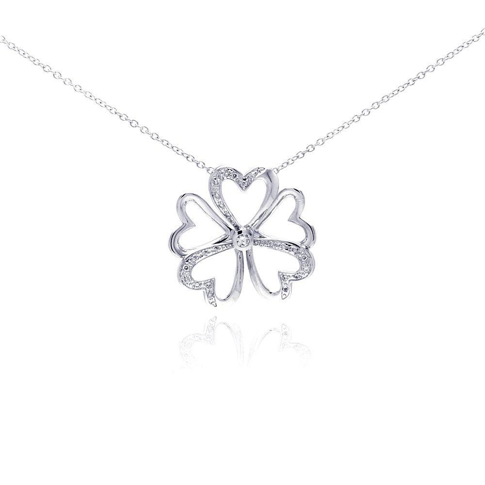Silver 925 Rhodium Plated Open Heart Flower CZ Necklace - BGP00287 | Silver Palace Inc.