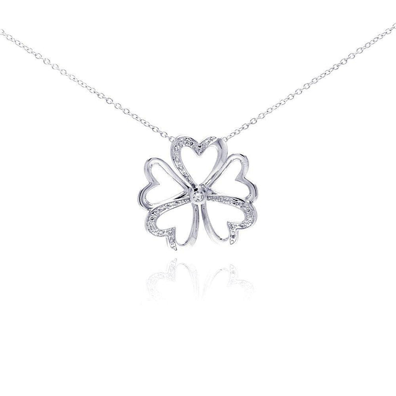 Silver 925 Rhodium Plated Open Heart Flower CZ Necklace - BGP00287 | Silver Palace Inc.