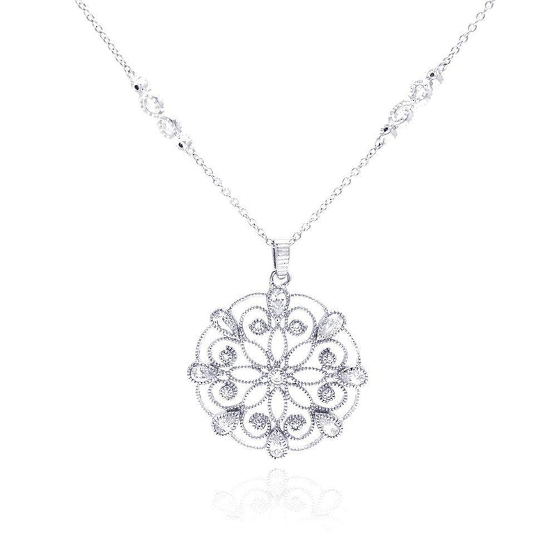 Silver 925 Rhodium Plated Open Outlined Snow Flakes CZ Necklace - BGP00291 | Silver Palace Inc.