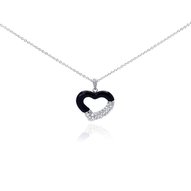 Closeout-Silver 925 Rhodium Plated Open Heart Black Onyx Clear CZ Necklace - BGP00292 | Silver Palace Inc.