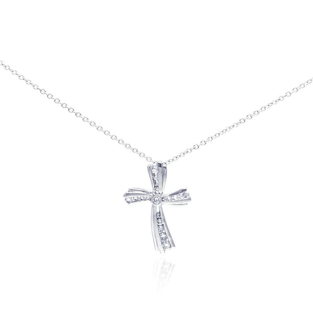 Silver 925 Rhodium Plated Curvy Cross CZ Necklace - BGP00298 | Silver Palace Inc.
