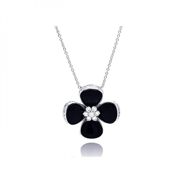 Closeout-Silver 925 Rhodium Plated Black Onyx Clover CZ Necklace - BGP00301 | Silver Palace Inc.