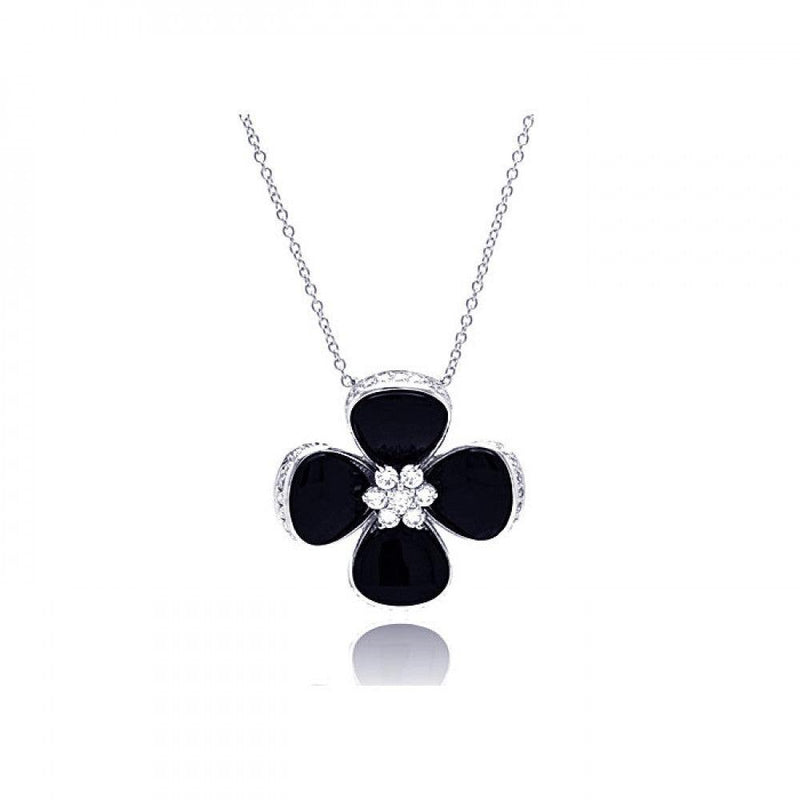 Closeout-Silver 925 Rhodium Plated Black Onyx Clover CZ Necklace - BGP00301 | Silver Palace Inc.