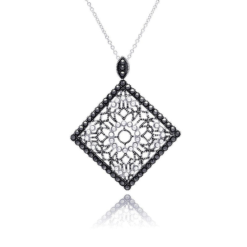 Closeout-Silver 925 Black Rhodium Plated Square Filigree Marcasite CZ Necklace - BGP00303 | Silver Palace Inc.