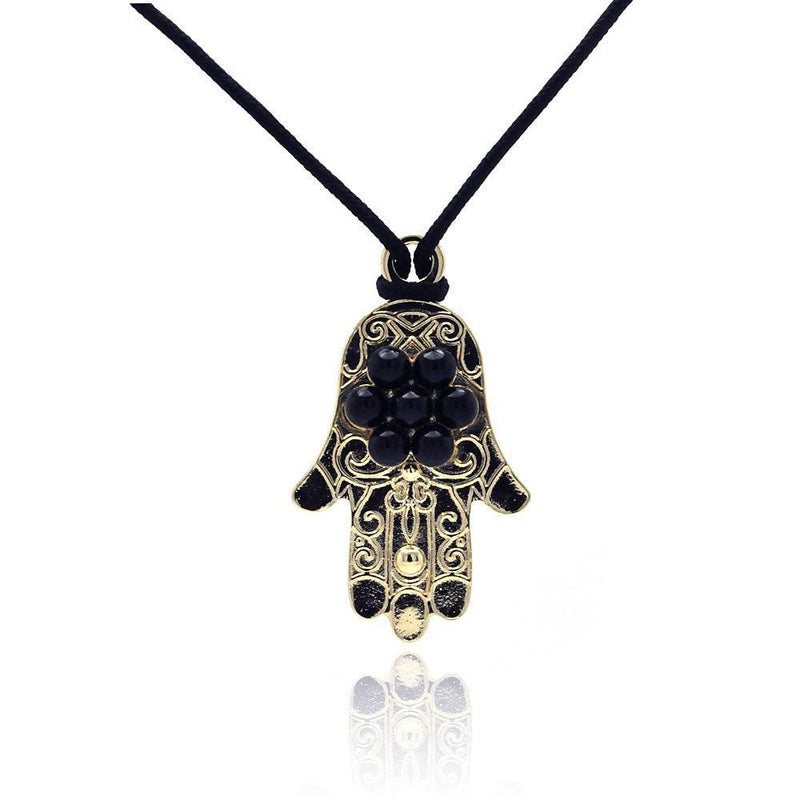 Closeout-Silver 925 Gold and Rhodium Plated Black Hamsa CZ Necklace - BGP00307 | Silver Palace Inc.