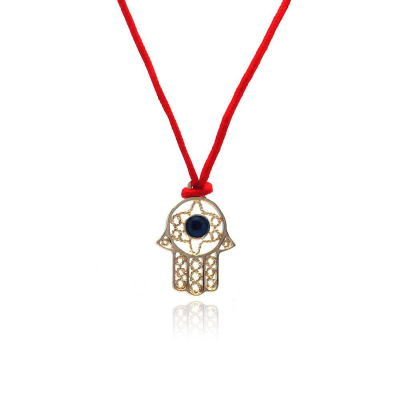 Silver 925 Gold Plated Open Hamsa CZ Red Cord Necklace - BGP00308 | Silver Palace Inc.