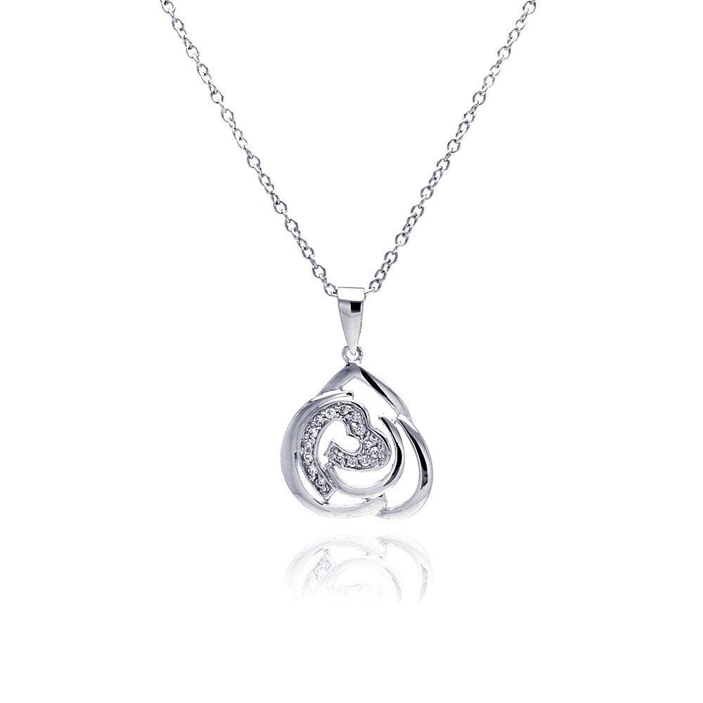 Silver 925 Rhodium Plated Abstract Design Heart CZ Necklace - BGP00309 | Silver Palace Inc.