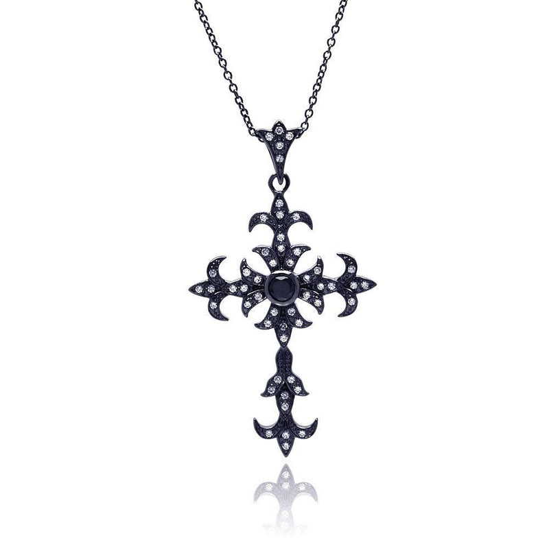 Silver 925 Black Rhodium Plated Cross CZ Necklace - BGP00316 | Silver Palace Inc.