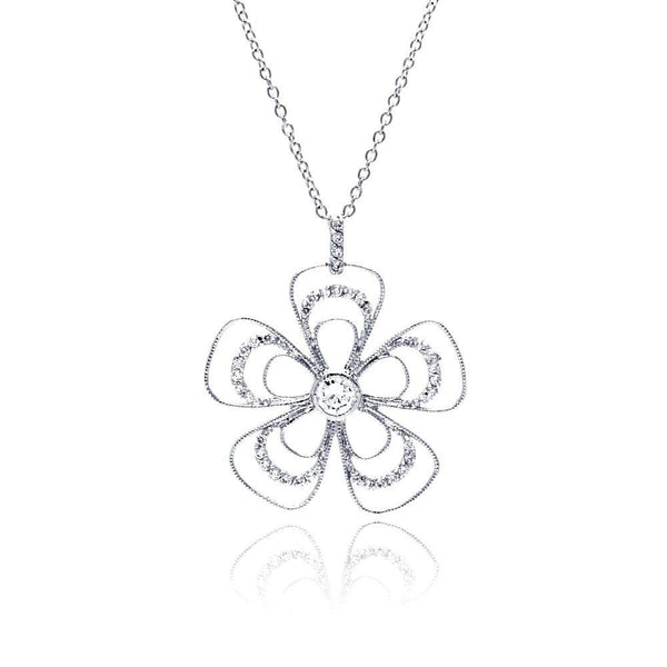 Closeout-Silver 925 Rhodium Plated Open Flower CZ Necklace - BGP00321 | Silver Palace Inc.