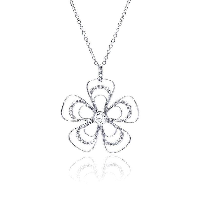 Closeout-Silver 925 Rhodium Plated Open Flower CZ Necklace - BGP00321 | Silver Palace Inc.