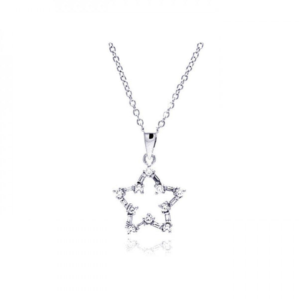 Closeout-Silver 925 Rhodium Plated Open Star CZ Necklace - BGP00324 | Silver Palace Inc.