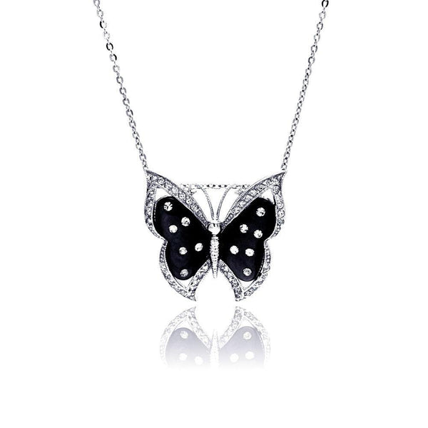 Silver 925 Rhodium Plated Black Mother of Pearl Butterfly CZ Necklace - BGP00337 | Silver Palace Inc.